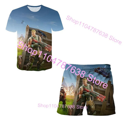 2-teiliges Set F-Fortnited Victory 3D-T-Shirt und Shorts für Kinder, Oberteile für Mädchen und Jungen, Battle-Royale-Kleidung, Harajuku-Tees, Hero-Kinder-T-Shirt