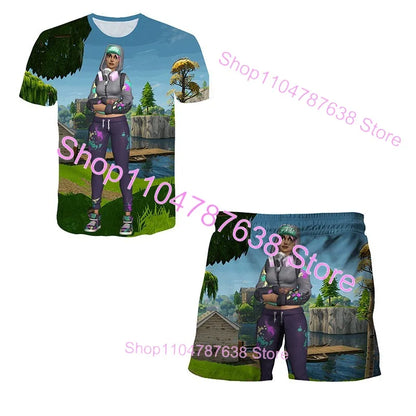 2-teiliges Set F-Fortnited Victory 3D-T-Shirt und Shorts für Kinder, Oberteile für Mädchen und Jungen, Battle-Royale-Kleidung, Harajuku-Tees, Hero-Kinder-T-Shirt