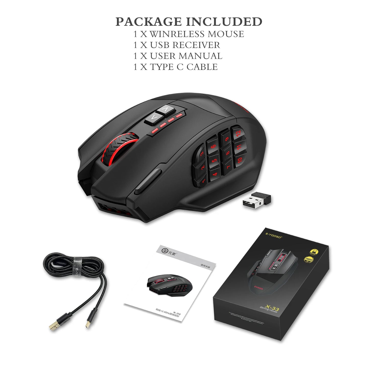 E-YOOSO RGB USB 2.4G laidinė žaidimų pelė X-33, 16000DPI, 18 programuojamų mygtukų, foninis apšvietimas, tinkama staliniam kompiuteriui, nešiojamajam kompiuteriui ir PC