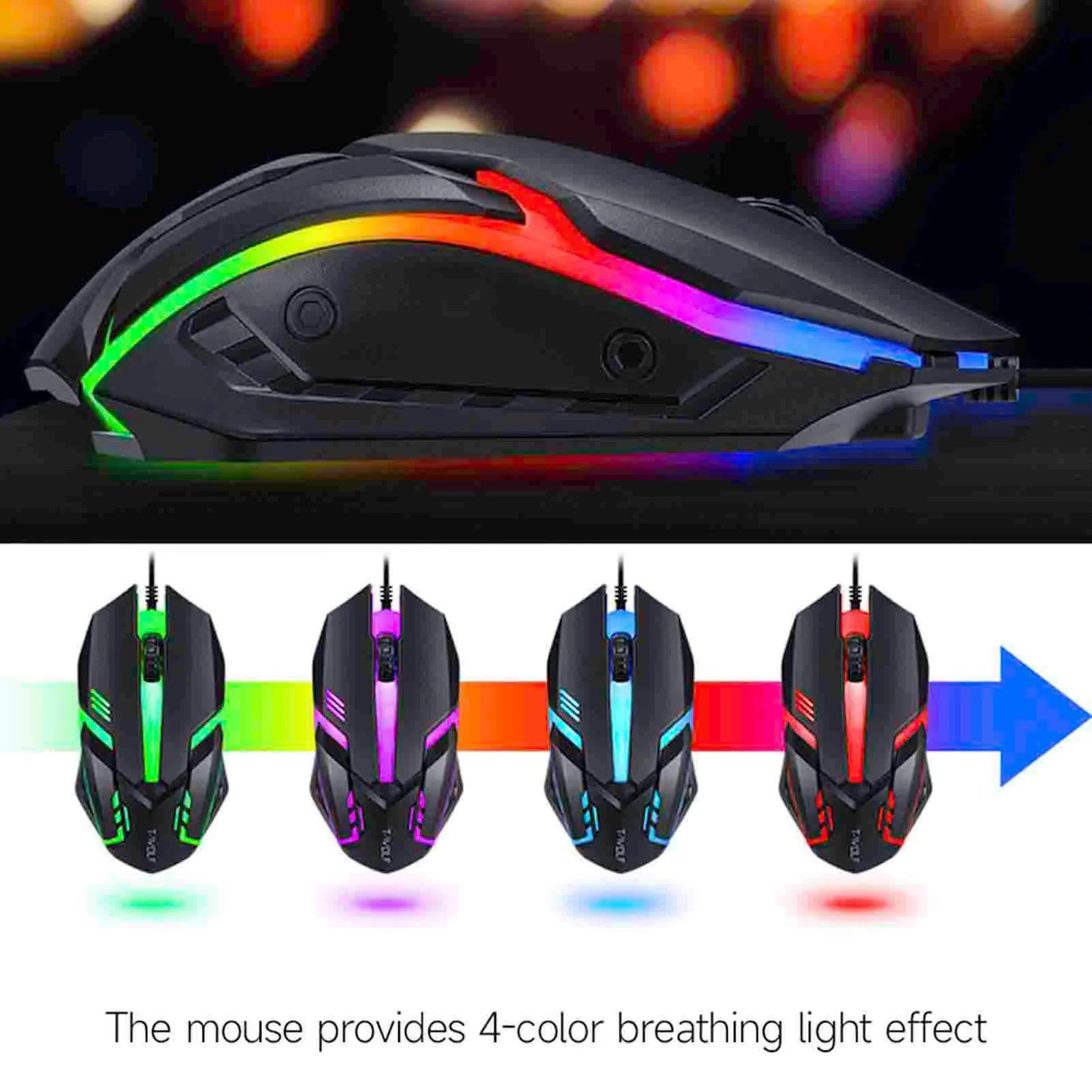 Combo gaming 4 pezzi tastiera e mouse, tastiera ergonomica 104 tasti, mouse con luce breathing a 4 colori, cuffie e tappetino per mouse antiscivolo