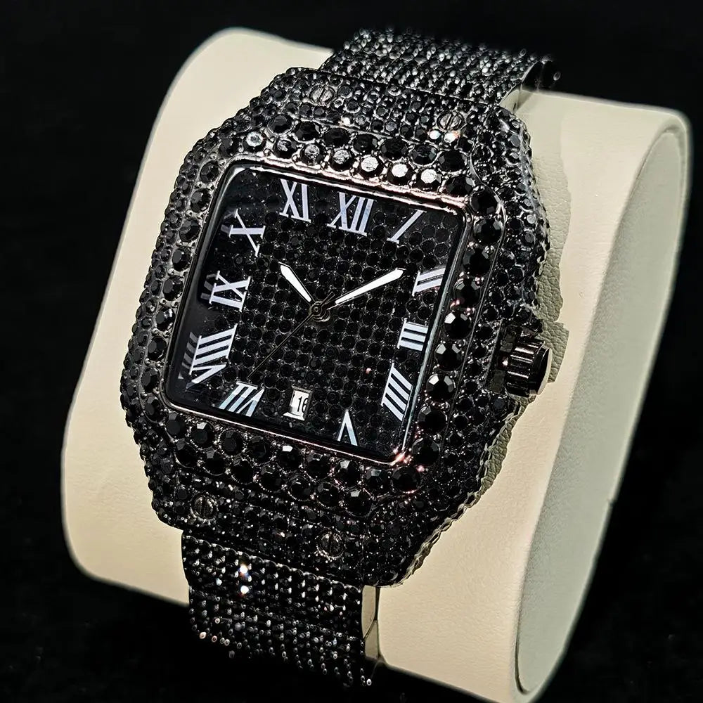 Green Diamond Watch For Men Brand UNIGUET Fashion Roman Literal Quartz Clock Man Hip Hop Iced Jewelry Square Wristwatch 2025 New