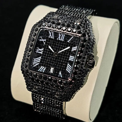 Green Diamond Watch For Men Brand UNIGUET Fashion Roman Literal Quartz Clock Man Hip Hop Iced Jewelry Square Wristwatch 2025 New