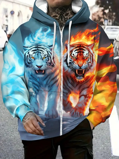 2025 Men's Long Sleeve Zip-up Tiger Graphic Hoodie Casual Outdoor Fashion Coat with Drawstring and Pockets Zip-up Hoodie for Men