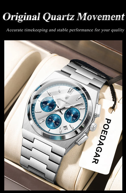 POEDAGAR Fashion Men's Wristwatch Chronograph Date Stainless Steel Quartz Man Clock Waterproof Luminous Business Watches For Men