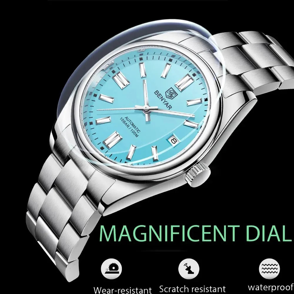 BENYAR 39mm Automatic Mechanical Watch Seagull Movt Men Stainless Steel 100M Waterproof Clock BWG-9 Luminous Reloj Hombre
