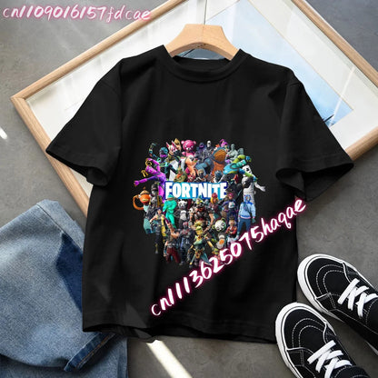 Fortnites Kids Black Cotton T-Shirt Fortress Night Baby Short Sleeve Tees Shirt Cartoon Boy Girl Summer Clothes Kawaii Tops Gift