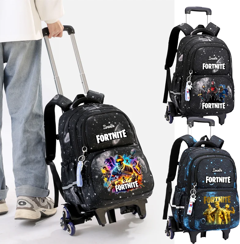 Fortnite-Trolleytasche – leichtes Treppensteigen, Anime-Design, wasserfester Rucksack mit Rollen, großes Fassungsvermögen, Schultasche für Schüler, lässige Reisetasche