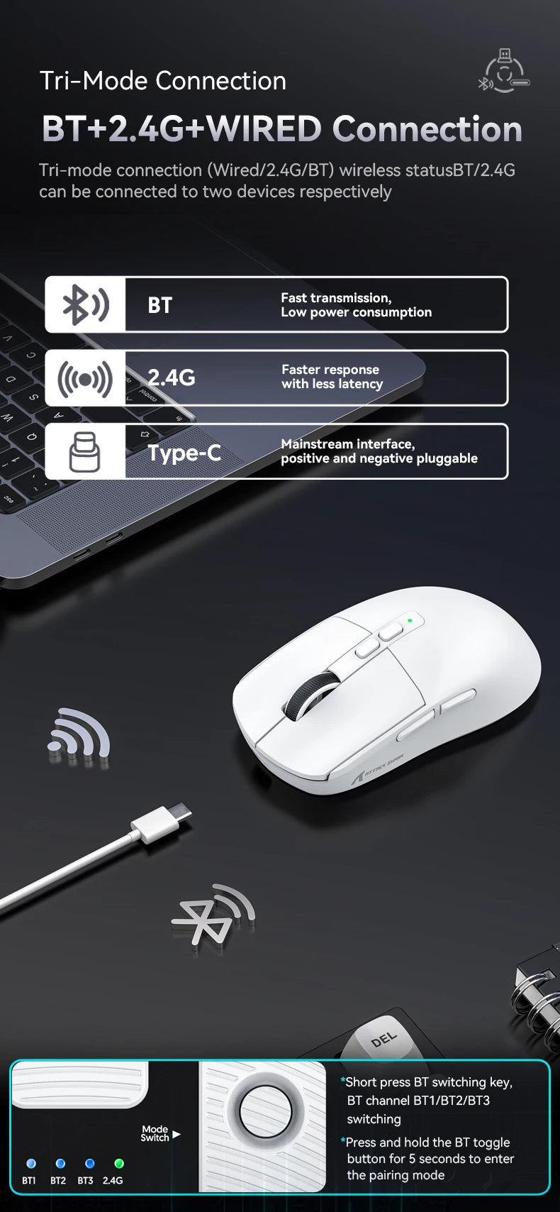 Attack Shark X6 Lightweight Wireless Gaming Mouse with 3 Mode Up to 26K DPI RGB Backlight Charging Base for Laptop Desktop