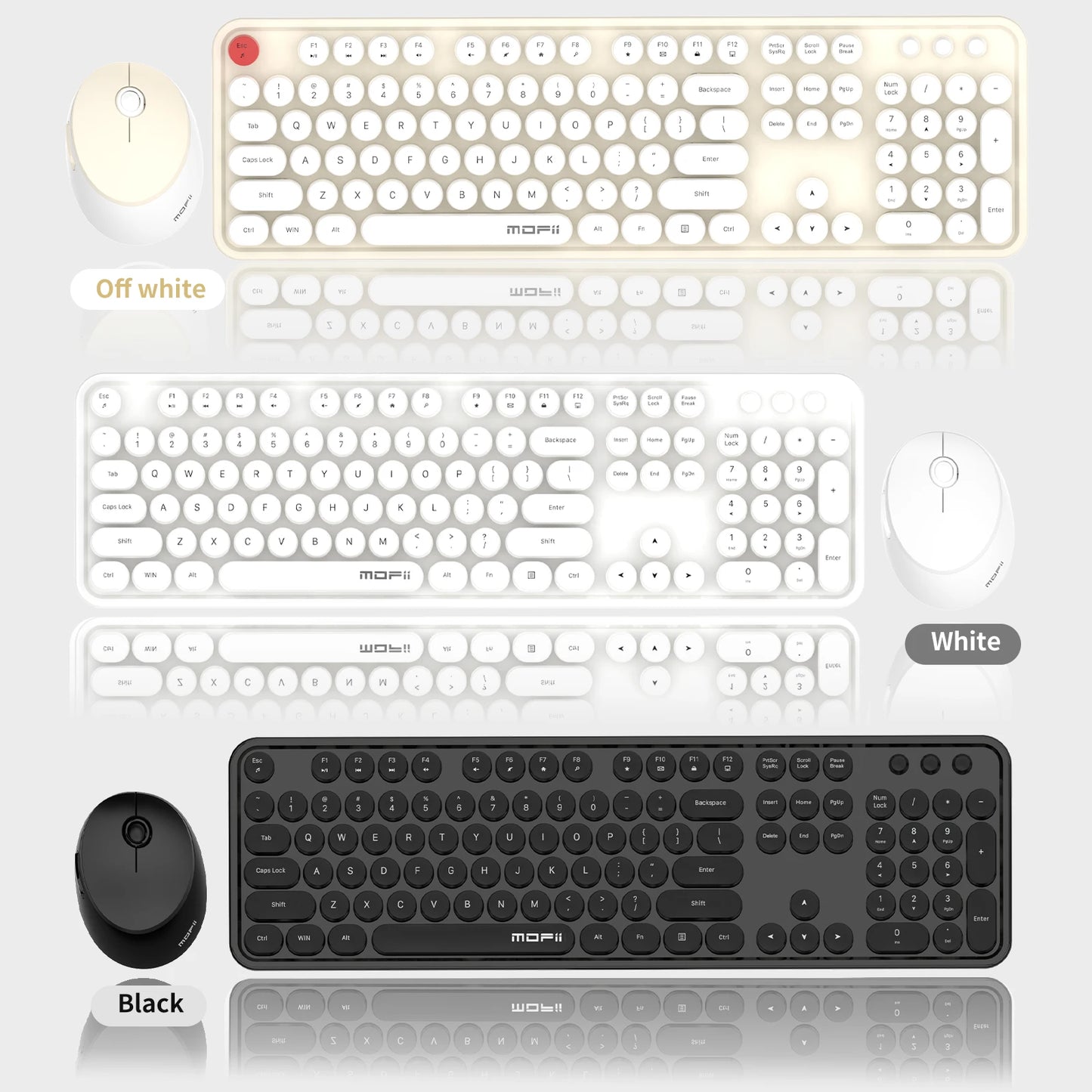 MOFii Black Retro Round Keycaps Wireless Keyboard & Mouse Combo, 2.4G Quiet Office Set, US QWERTY Layout