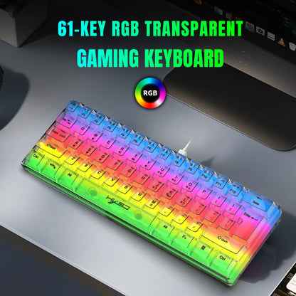 Tastiera gaming trasparente cablata HXSJ 60%, retroilluminazione RGB, ultra-compatta, impermeabile, 61 tasti, per PC/Mac