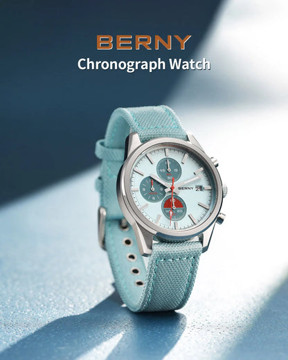 BERNY Chronograph Watch for Men/Women 37mm Dial Woven Fabric Sapphire AR Coated 5ATM Fashion Sport Calendar 316L Couple Watch