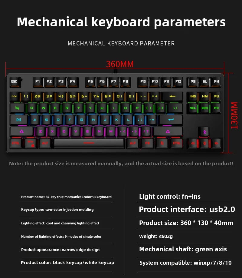 Gamer Mechanical keyboard 87 keys gaming 80% backlit key board ergonomic computer office wired mini pc numpad pink white black
